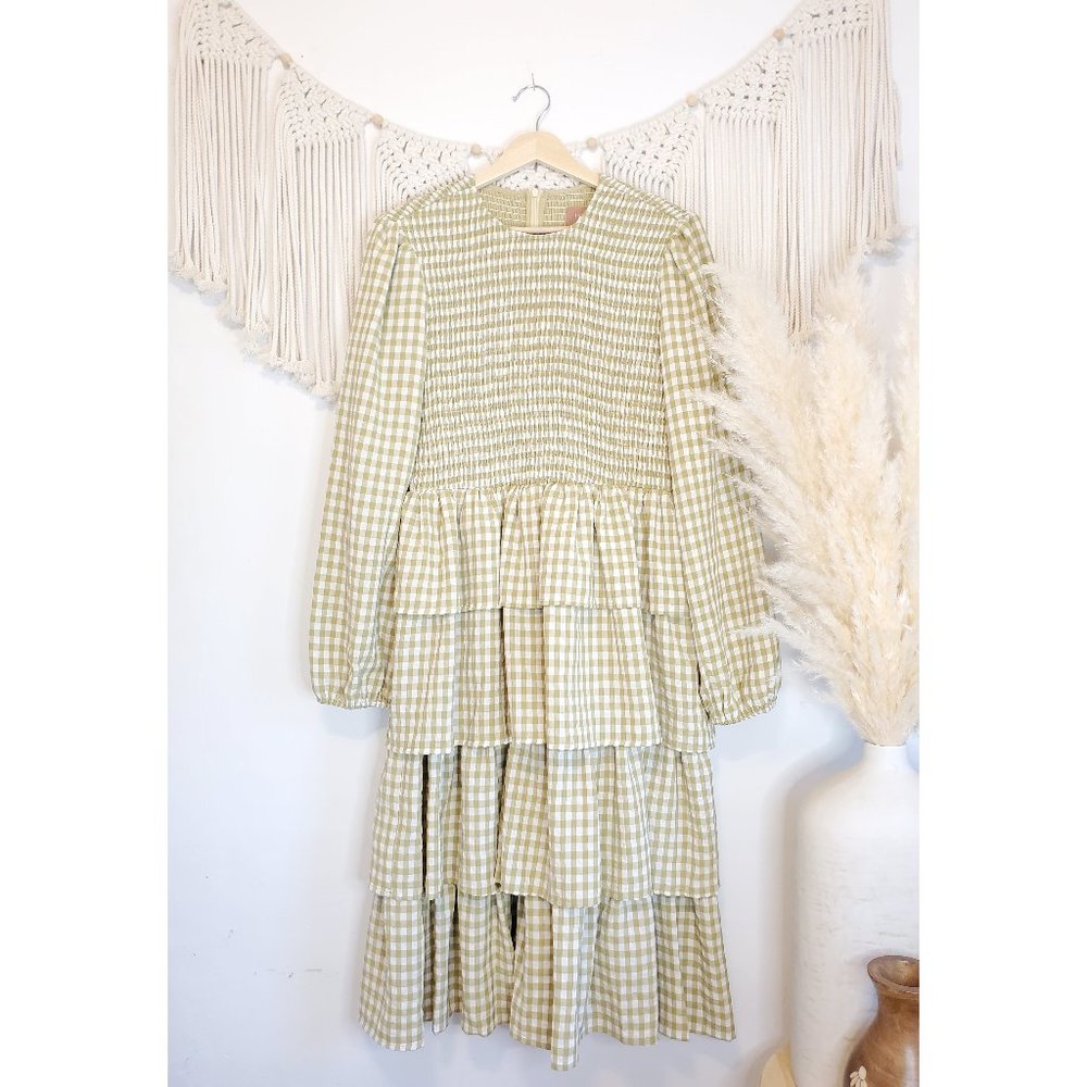 Jessakae Gather Green Gingham Tiered Midi Dress M - Picture 1 of 10